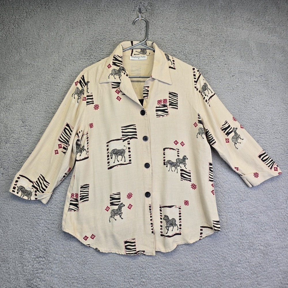 Vintage Stephanie Parks II Zebra Layered Shirt Women's Medium Beige‎ Button Up